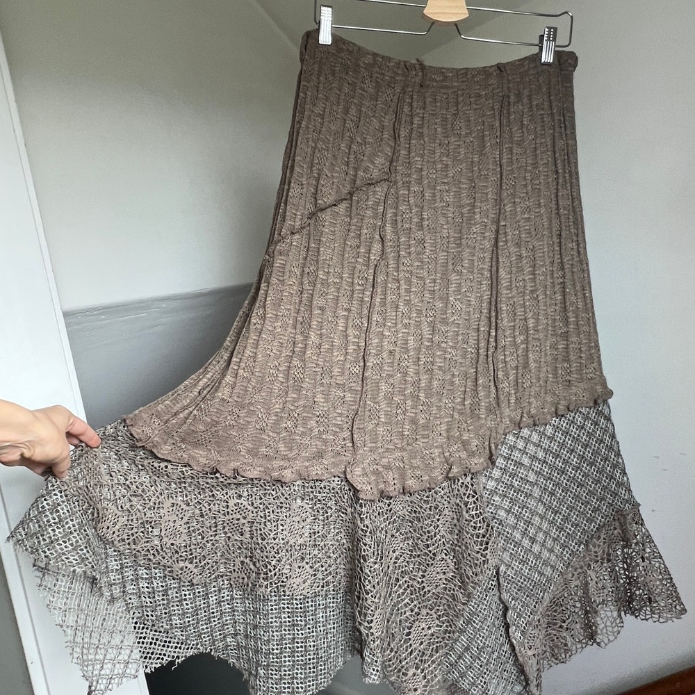 Y2K Midi Skirt Brown Boho Crochet Lace Linen Blend Mixed Textiles Fairy Grunge